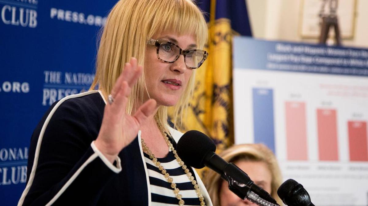 Actress Patricia Arquette, left, with Rep. Carolyn Maloney, D-N.Y., at an Equal Pay Day news conference Tuesday