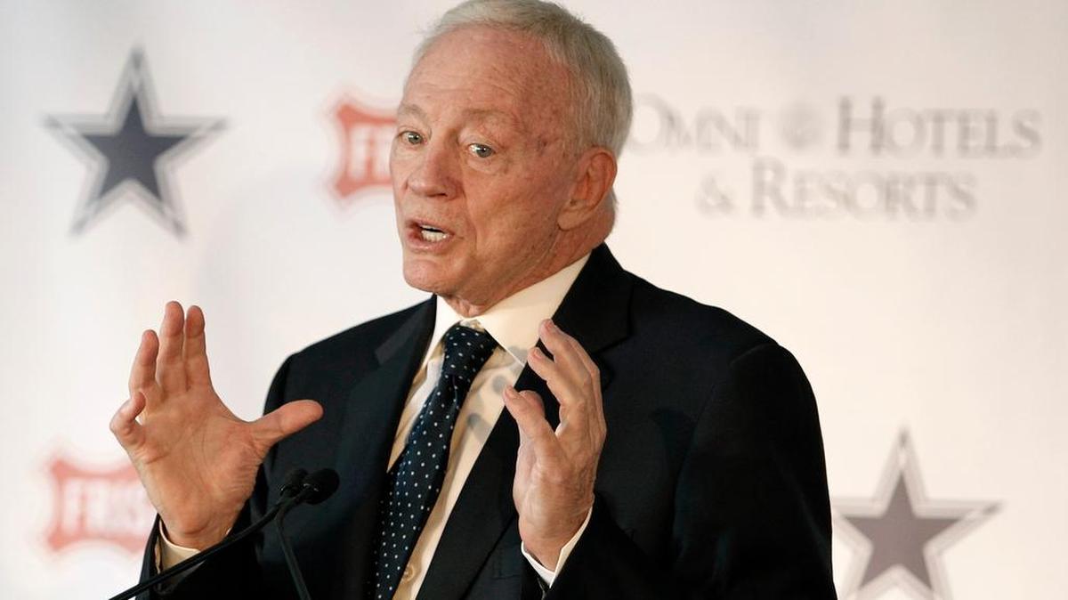Dallas Cowboys owner Jerry Jones speaks Tuesday at the site of the team’s new headquarters in Frisco.