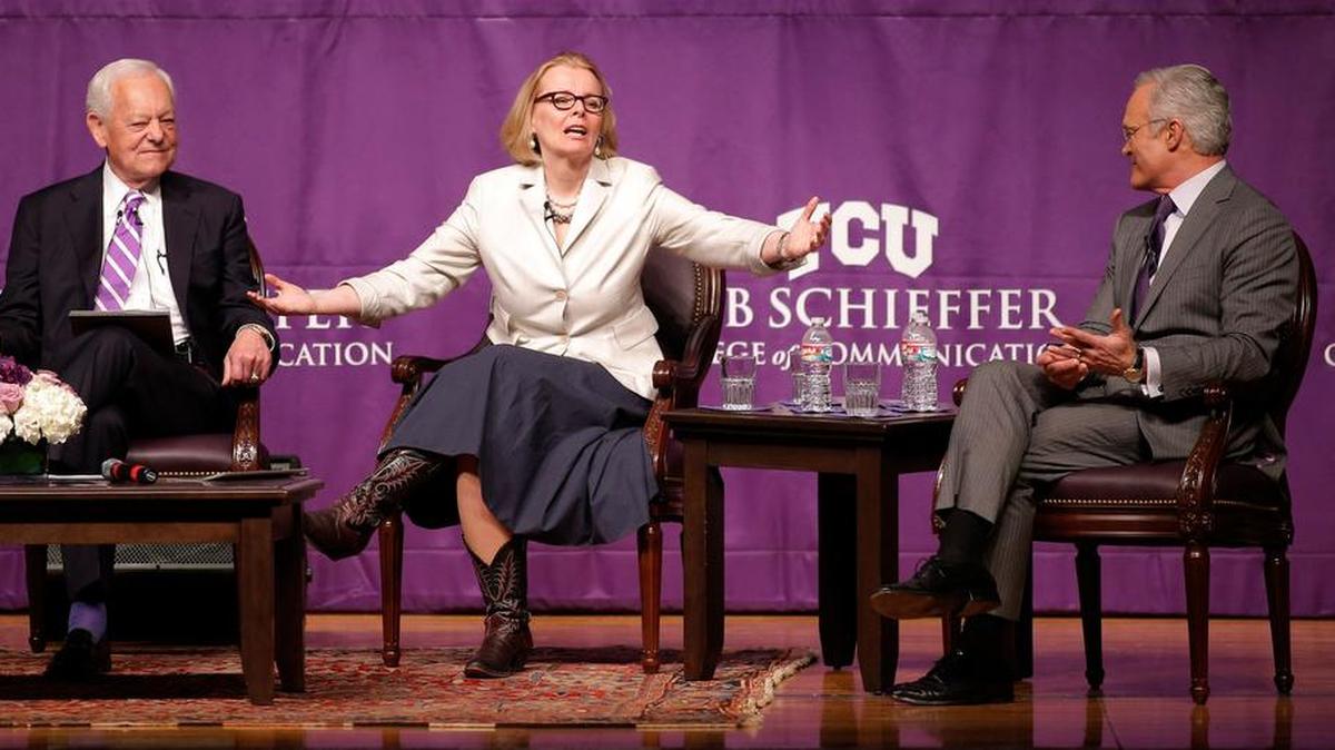 Peggy Noonan makes a point as Bob Schieffer, left, and Scott Pelley listen at the Tenth Annual Schieffer Symposium on the News at Texas Christian University, Wednesday, April 9, 2014.