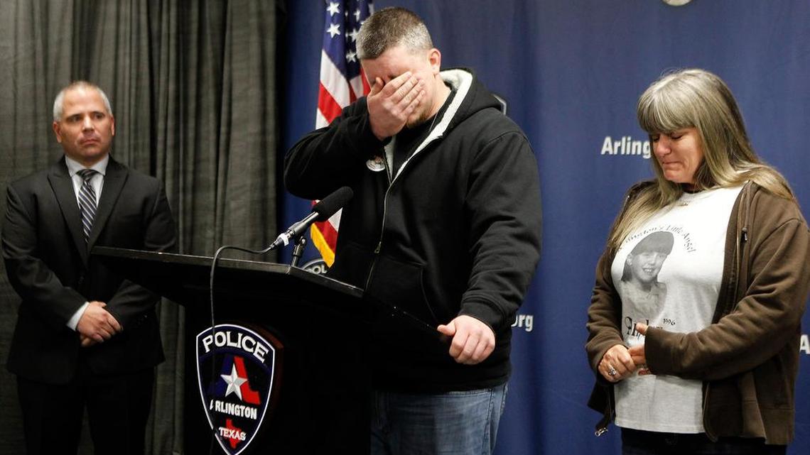 Ricky Hagerman gets emotional as he talks about the kidnapping and murder of his sister Amber Hagerman during a press conference at the Ott Cribs Public Safety Building in Arlington on Tuesday. Detective Ben Lopez is at left and his mother Donna Williams is at right.