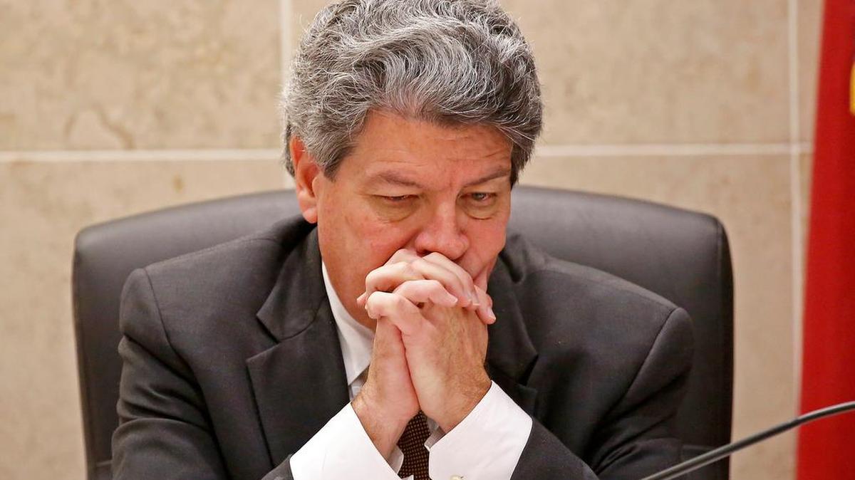 Tarrant County District Judge George Gallagher presides during Texas Attorney General Ken Paxton’s hearing at Collin County Courthouse in McKinney on Feb. 16.
