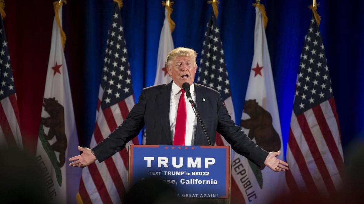 Donald Trump, presumptive Republican presidential nominee, at a campaign event at the San Jose Convention Center in San Jose, California, U.S, on Thursday, June 2, 2016.