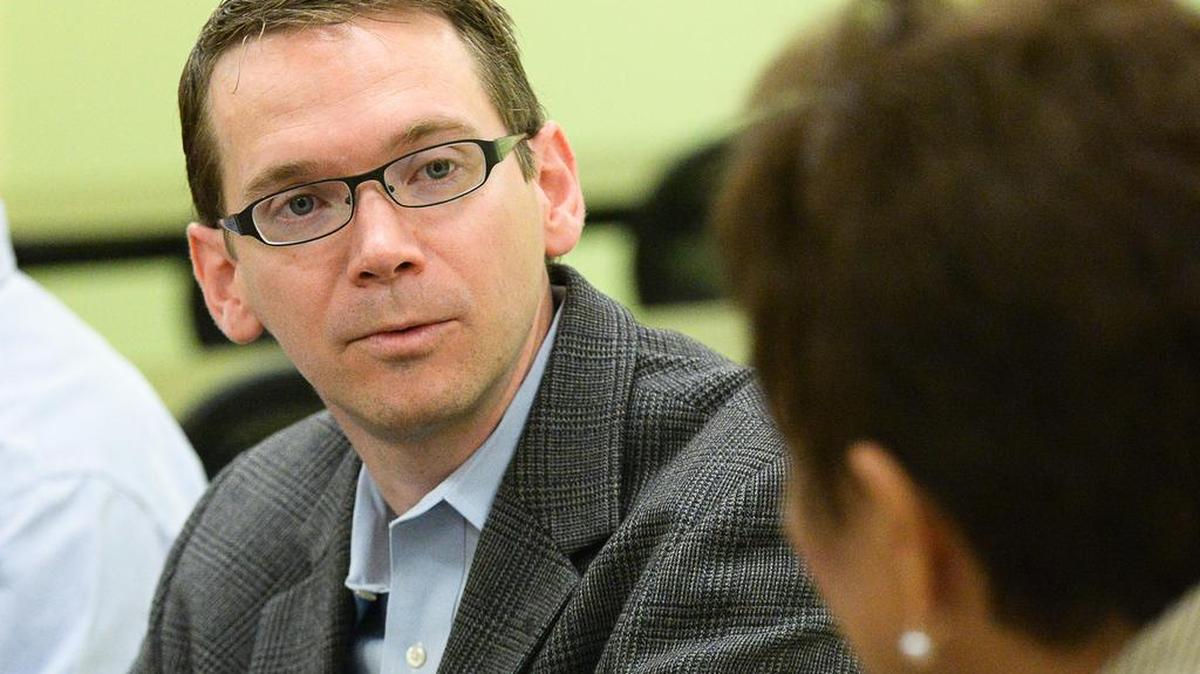 Texas Commissioner of Education Mike Morath meets with administrators of the South Texas Independent School District on Wednesday, May 25, 2016, at the Medical Academy near Olmito, Texas. Morath was provided a tour of the school and a demonstration of one of the medical programs provided by the school.