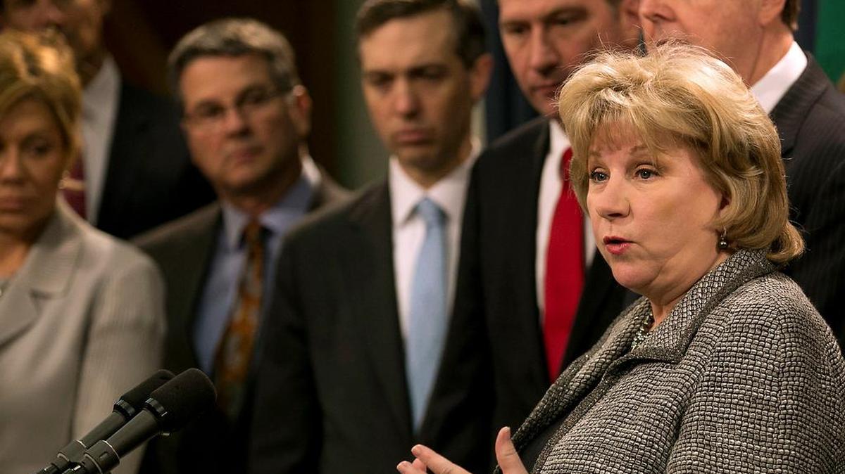 State Sen. Jane Nelson, right, R-Flower Mound, discusses the state budget during last year’s legislative session in Austin. Behind Nelson are other senators and Lt. Gov. Dan Patrick, top right.