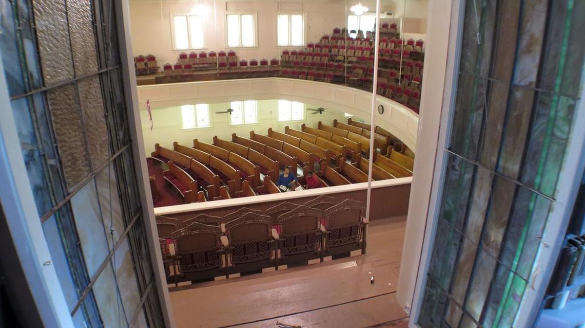 Ornate glass doors overlook the sanctuary at Mount Gilead Baptist Church in downtown Fort Worth.