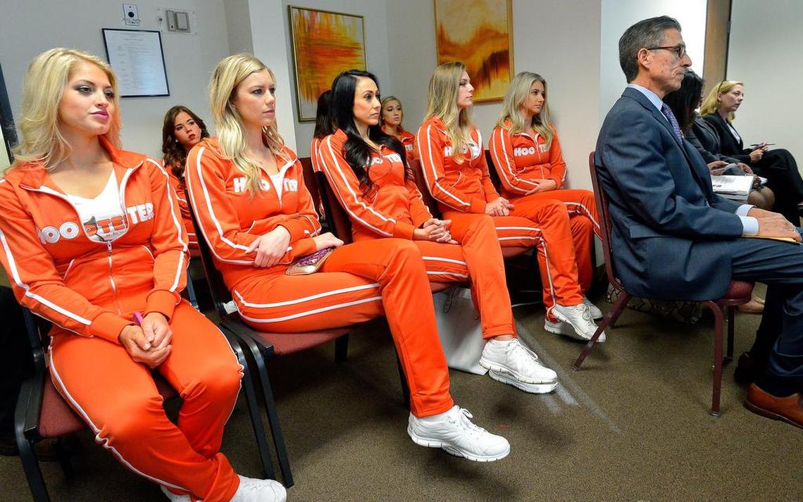 10 “Hooters Girls” showed up to support their side in the TABC hearing in regards to Hooters applying for a license for a downtown location in Fort Worth, TX, Tuesday, Aug. 30, 2016. A downtown Fort Worth neighborhood committee is opposing the license.
