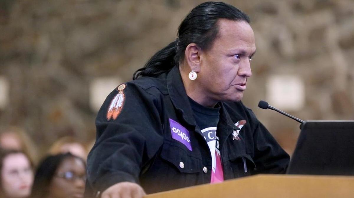 Arthur Redcloud speaks during the public comment portion of the Keller ISD school board meeting Thursday, November 9, 2017, to urge trustees to change the Keller High Indian mascot. They say it's disrespectful and psychologically damaging to Native American and non-Native American children.