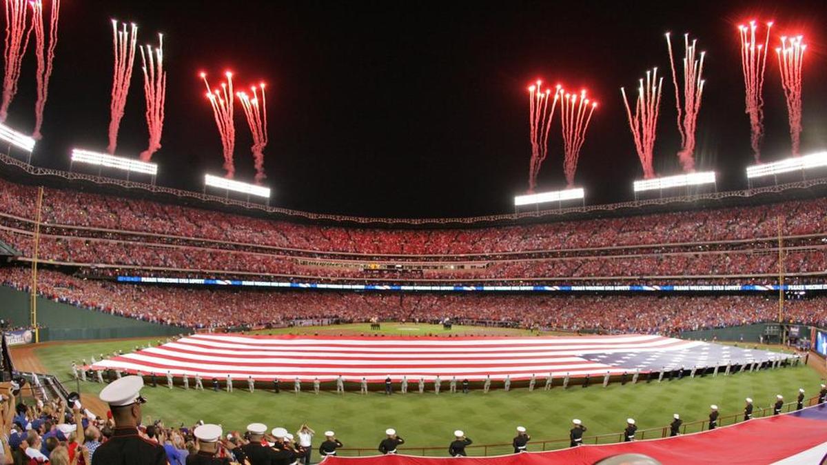 Fireworks explode over Globe Life Park before Game 4 of the 2010 World Series.