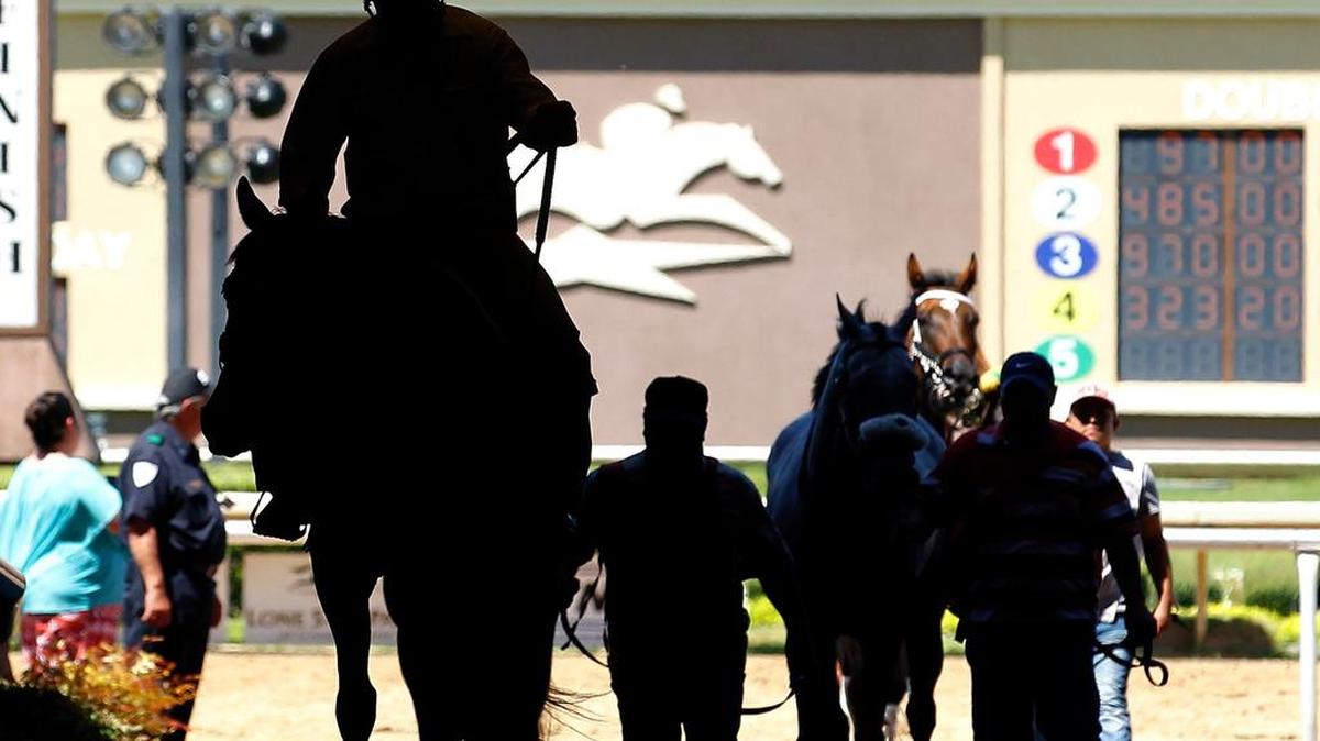 Horses make their way back to the paddock after a July 19 race at Lone Star Park in Grand Prairie.