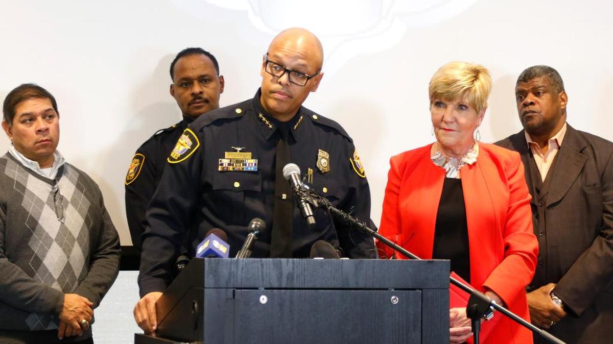 Police Chief Joel Fitzgerald announces discipline for police Officer William Martin at a news conference Monday.