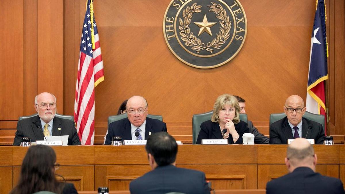 State senators, left to right, Robert Nichols, Juan Hinojosa, Jane Nelson and John Whitmire listen to Texas State Comptroller Glenn Hegar testify about the effects of declining oil prices on the state budget at a Jan. 26, 2016, hearing of the Senate Finance Committee at the Capitol in Austin.
