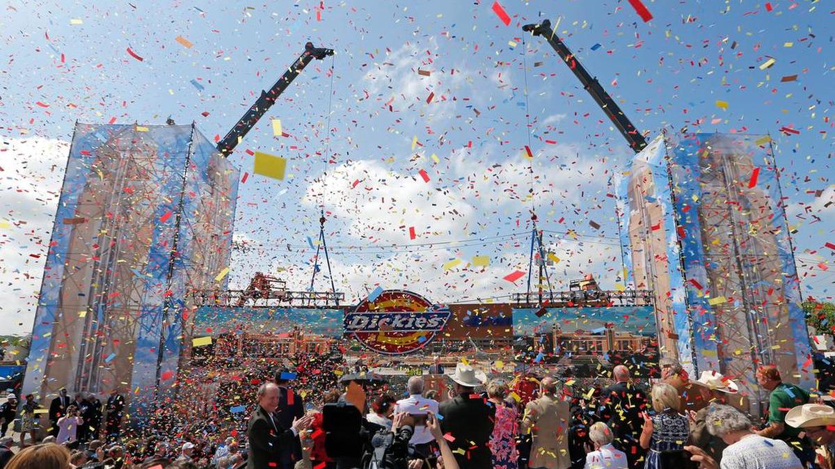 Confetti flies as the new Dickies Arena sign is raised at the April commemoration of the ground breaking for a $450 million multipurpose arena at the Will Rogers Memorial Center, approved by voters. Fort Worth Multipurpose Arena will be a 14,000 seat, multipurpose venue located adjacent to the Will Rogers Memorial Center campus.