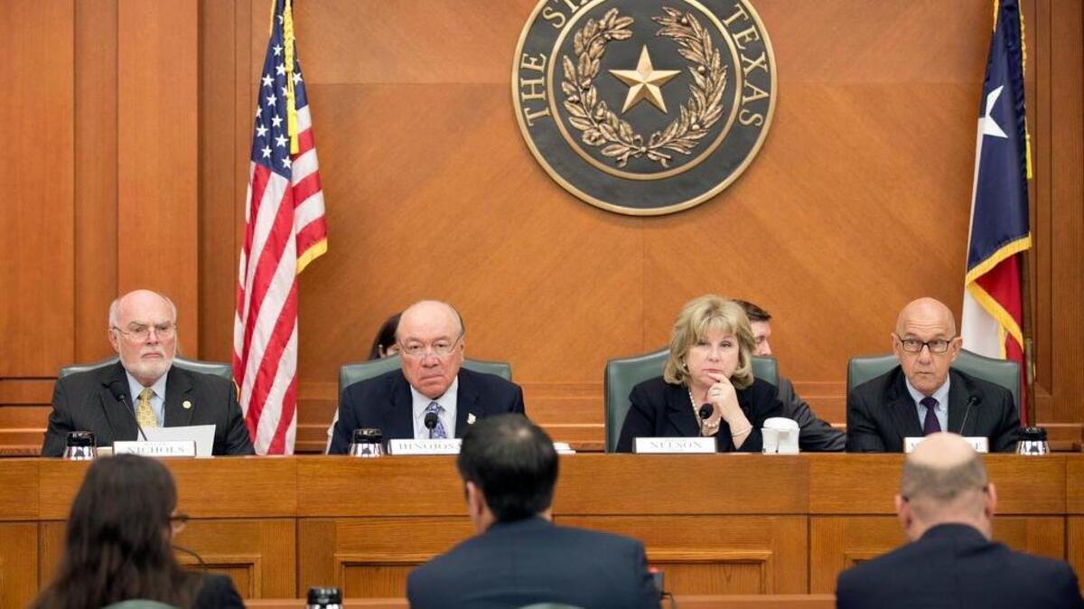 State senators, left to right, Robert Nichols, Juan Hinojosa, Jane Nelson and John Whitmire listen to Texas State Comptroller Glenn Hegar testify about the effects of declining oil prices on the state budget at a hearing of the Senate Finance Committee Jan. 26 in Austin.
