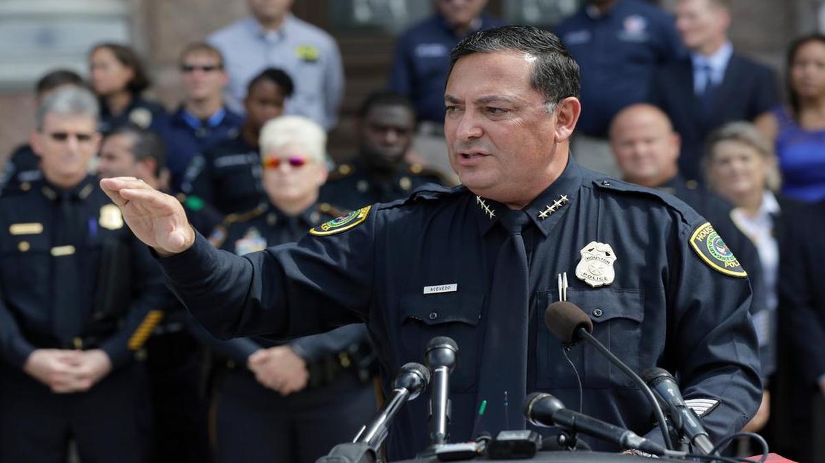 Houston Police Chief Art Acevedo and other members of law enforcement take part in a public safety event where they spoke against a proposed “bathroom bill,” Tuesday, July 25, 2017, in Austin, Texas. The Texas Senate has revived a bill mandating transgender Texans use public restrooms corresponding to their birth-certificate genders.