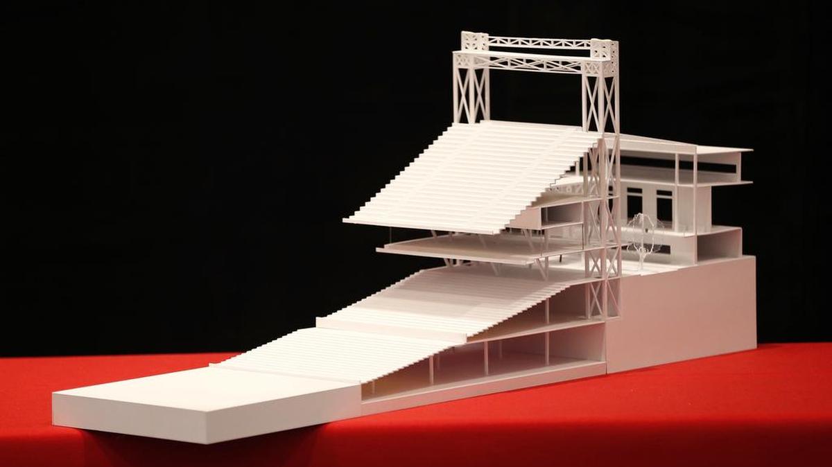 A model of the new Texas Rangers ballpark to be built by HKS is on display during a press conference Thursday at Globe Life Park in Arlington.