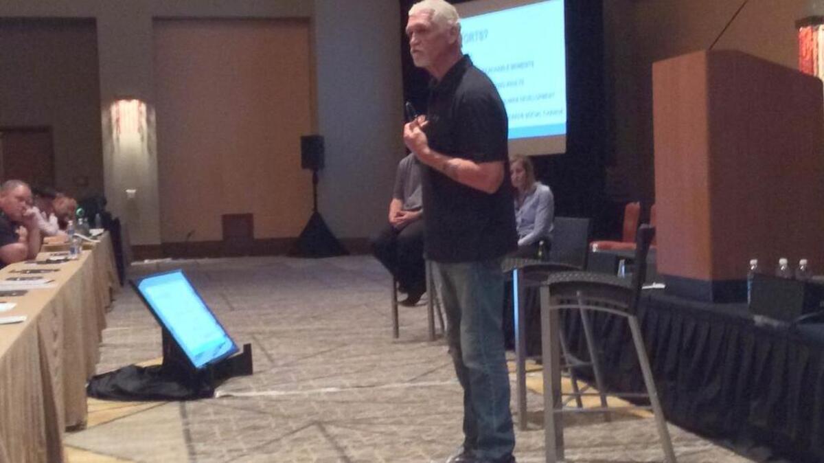 Author and former NFL player Joe Ehrmann leads a character development workshop at the 84th annual Texas High School Coaches Association state convention last month. He is one of the co-founders of InSideOut Initiative.