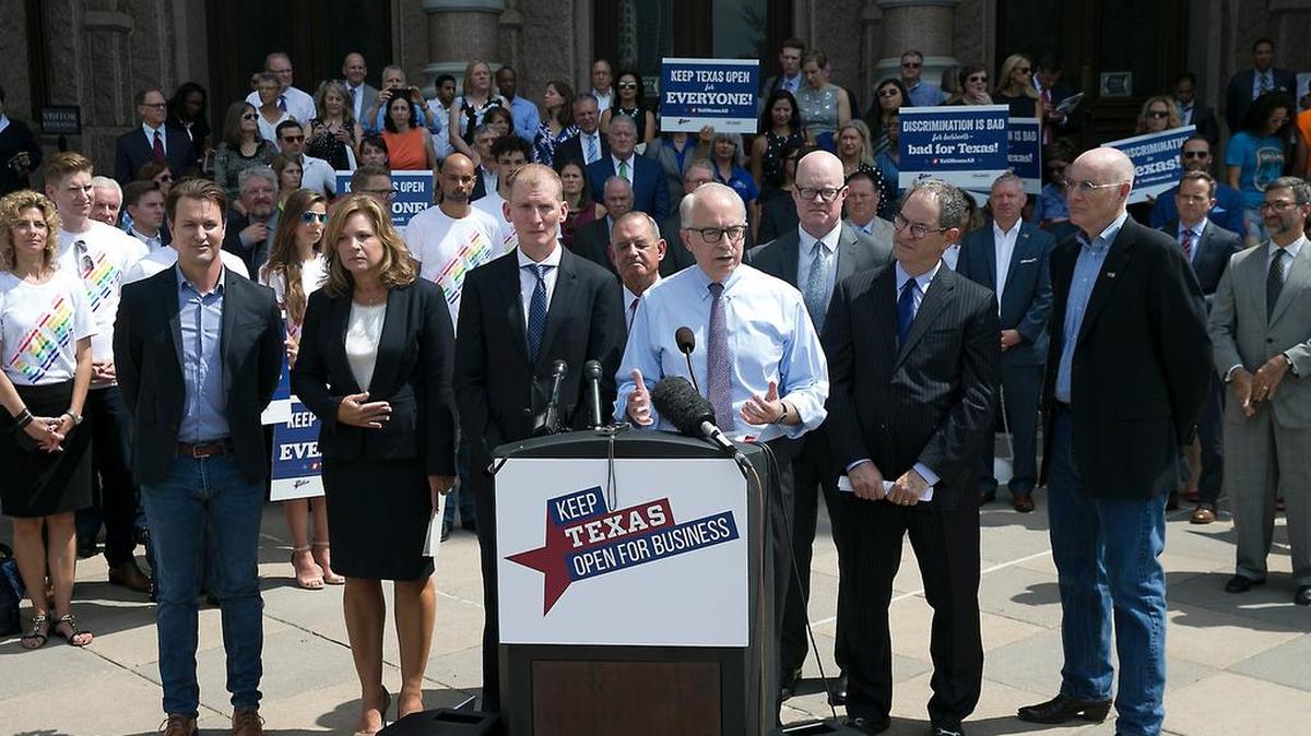 Texas business and tourism representatives gathered Monday to speak againstregulating restroom access.