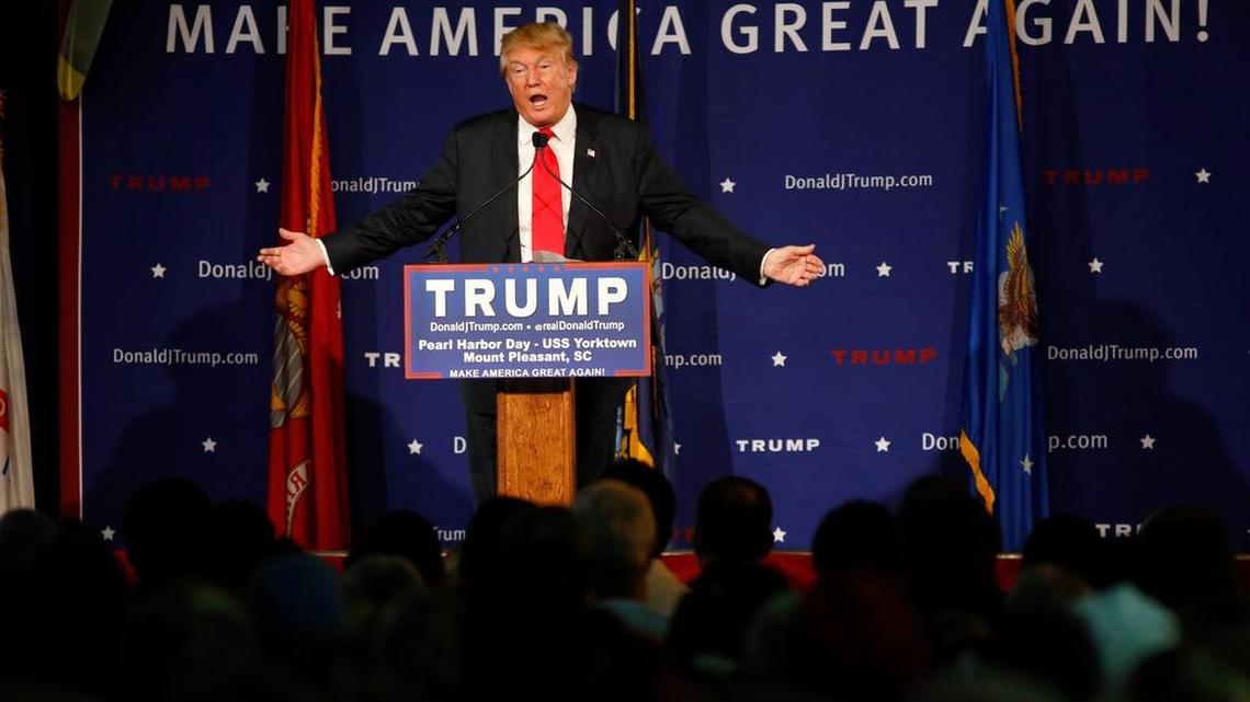 Republican presidential candidate Donald Trump spoke at a rally Monday aboard the aircraft carrier USS Yorktown in Mt. Pleasant, S.C.