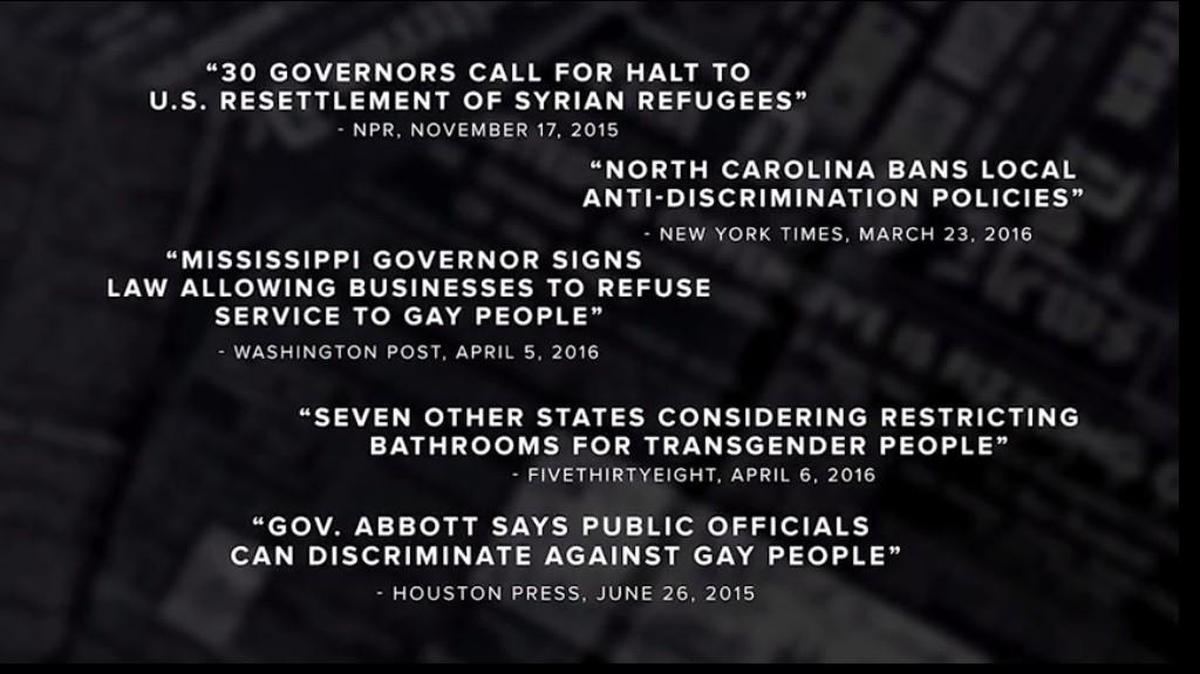 A scene from the ad quotes news headlines about Gov. Greg Abbott and others.