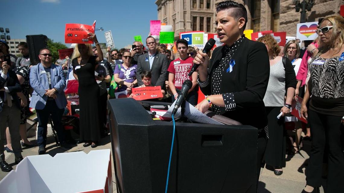 Actress Sara Ramirez speaks at a rally for All In for Equality Advocacy Day March 20 at the Capitol in Austin. Event organizers and participants rallied and spoke with legislators about LGBT issues.