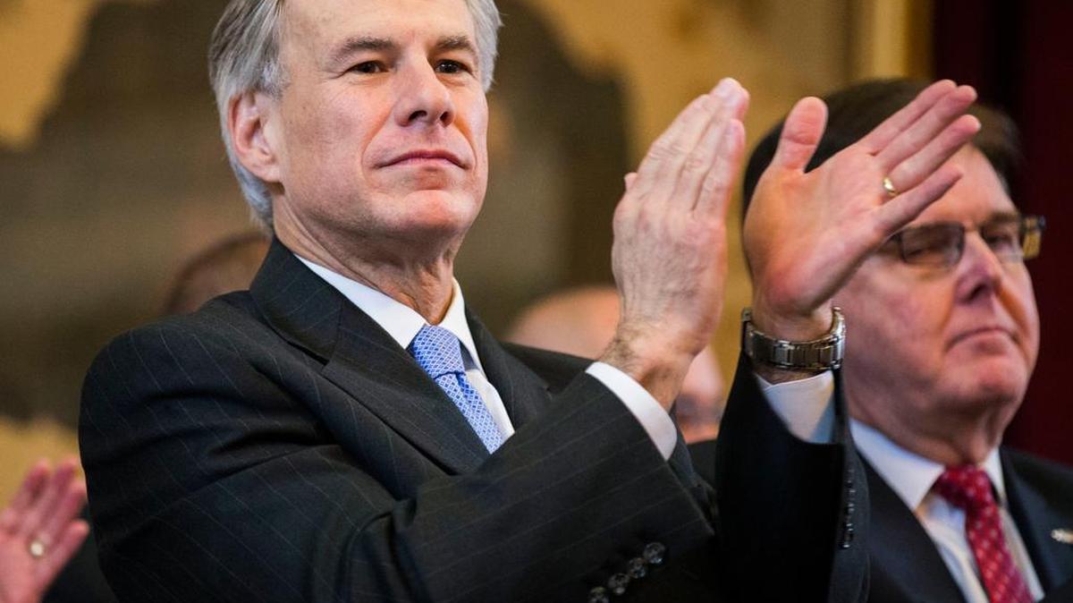 Gov. Greg Abbott, left, and Lt. Gov. Dan Patrick were joined by House Speaker Joe Straus in issuing budget guidelines for state agencies.