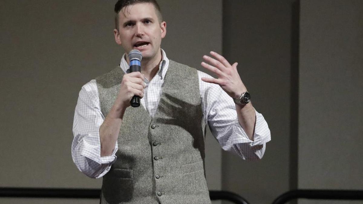 Richard Spencer, who leads a movement that mixes racism, white nationalism and populism, speaks at the Texas A&M University campus Tuesday, Dec. 6, 2016, in College Station, Texas. Texas A&M officials say they didn't schedule the speech by Spencer, who was invited to speak by a former student who reserved campus space available to the public.