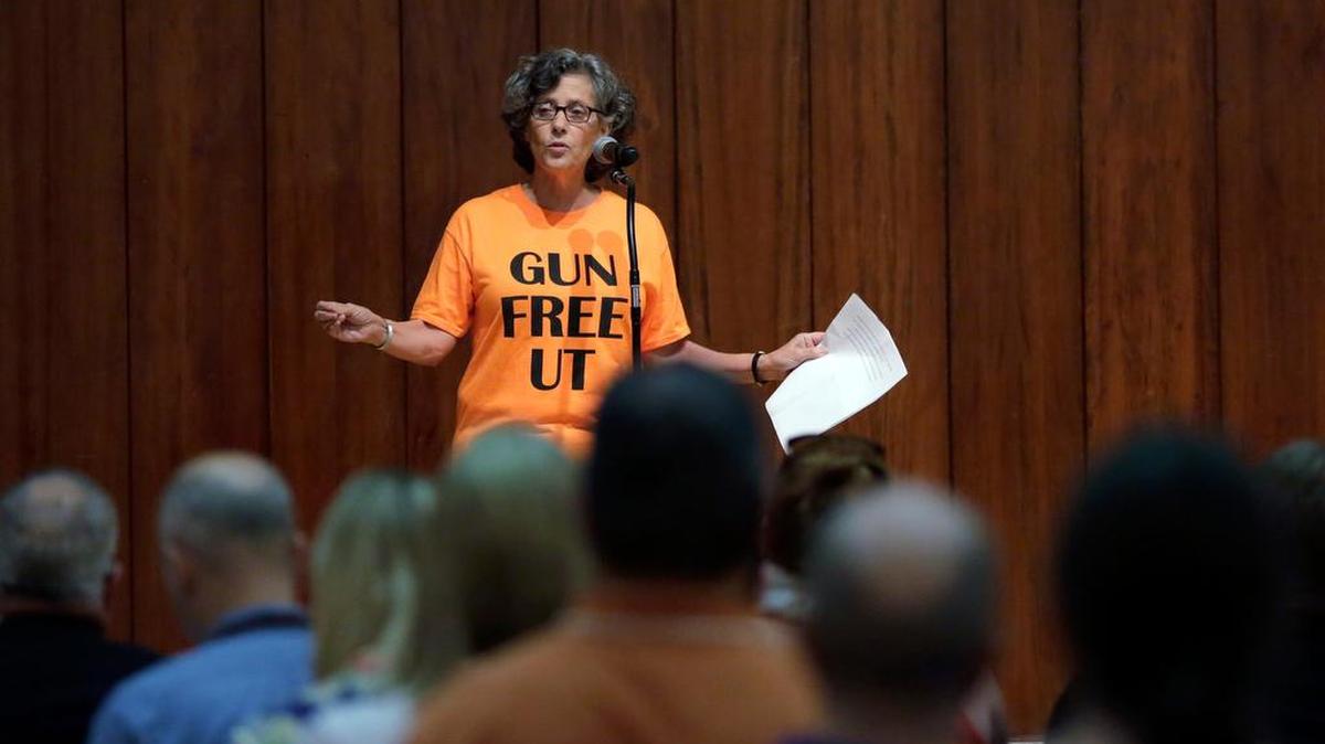 In a Sept. 30, 2015 file photo, Professor Joan Neuberger speaks during a public forum on how to implement a new law allowing students with concealed weapons permits to carry firearms into class and other campus buildings, in Austin, Texas.