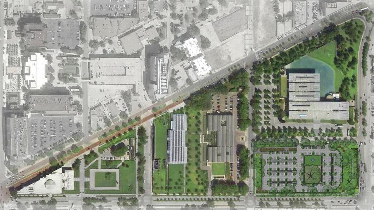 The parking lot in the lower right corner of this aerial view will be transformed with wider spaces, landscaping and a water feature.
