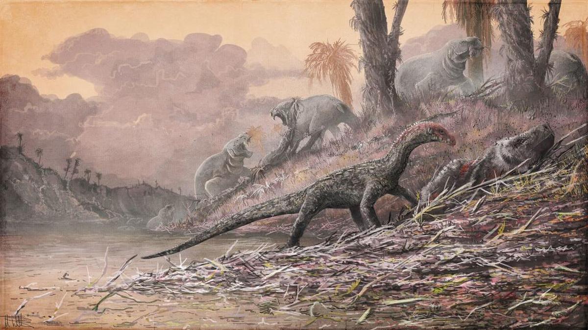 This artist's impression depicts a Teleocrater rhadinus feasting on a deep relative of mammals, Cynognathus. The large dicynodont Dolichuranus is seen in the background.