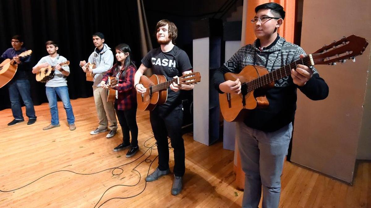 The mariachi band of Poly High School rehearsing a performance to commemorate Cesar Chavez birthday in Fort Worth, TX, Thursday, March 10, 2016. The Latin Express 40th Anniversary & Salute to César Chávez Event benefits FWISD music students will be held Thursday, March 31, at Casa Mañana.