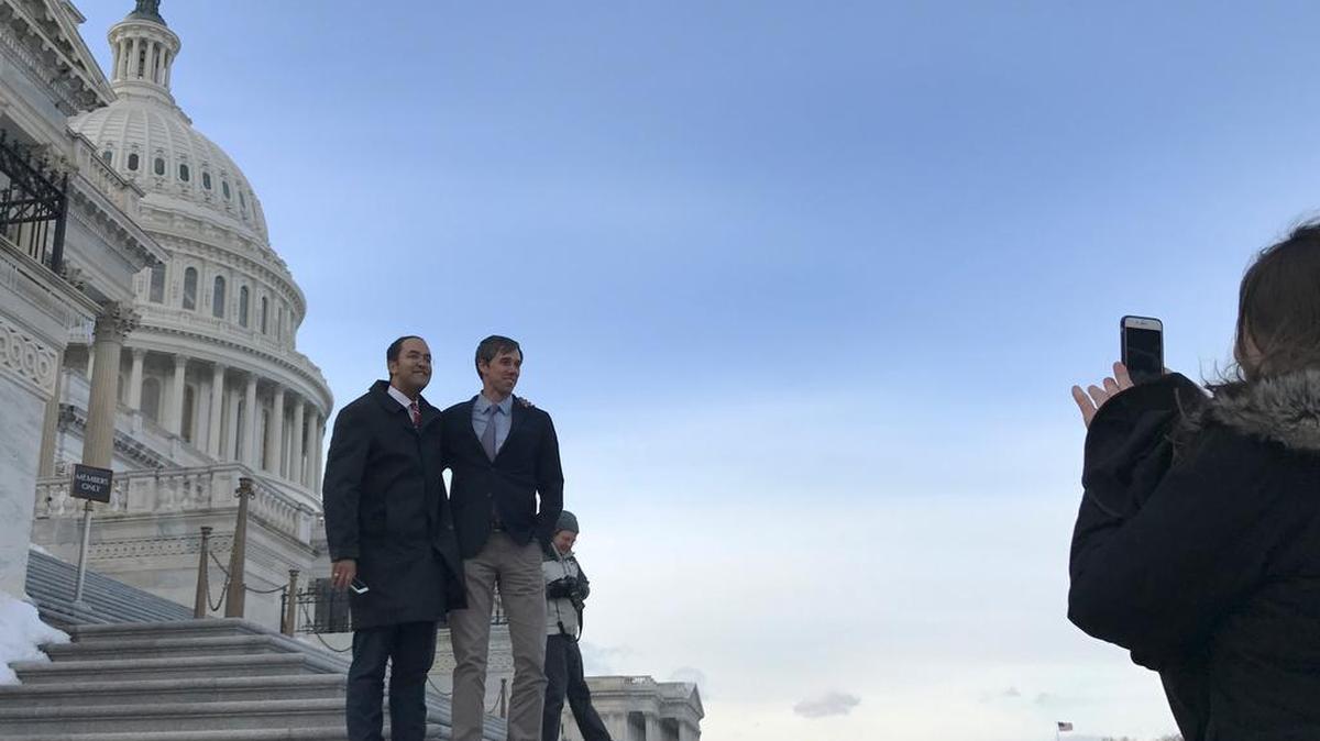 Rep. Will Hurd, R-Texas, left, and Rep. Beto O’Rourke, D-Texas., pose for a photo at the U.S. Capitol on Wednesday evening. The two went on a nearly 36-hour road trip from Texas to Washington, D.C., this week.