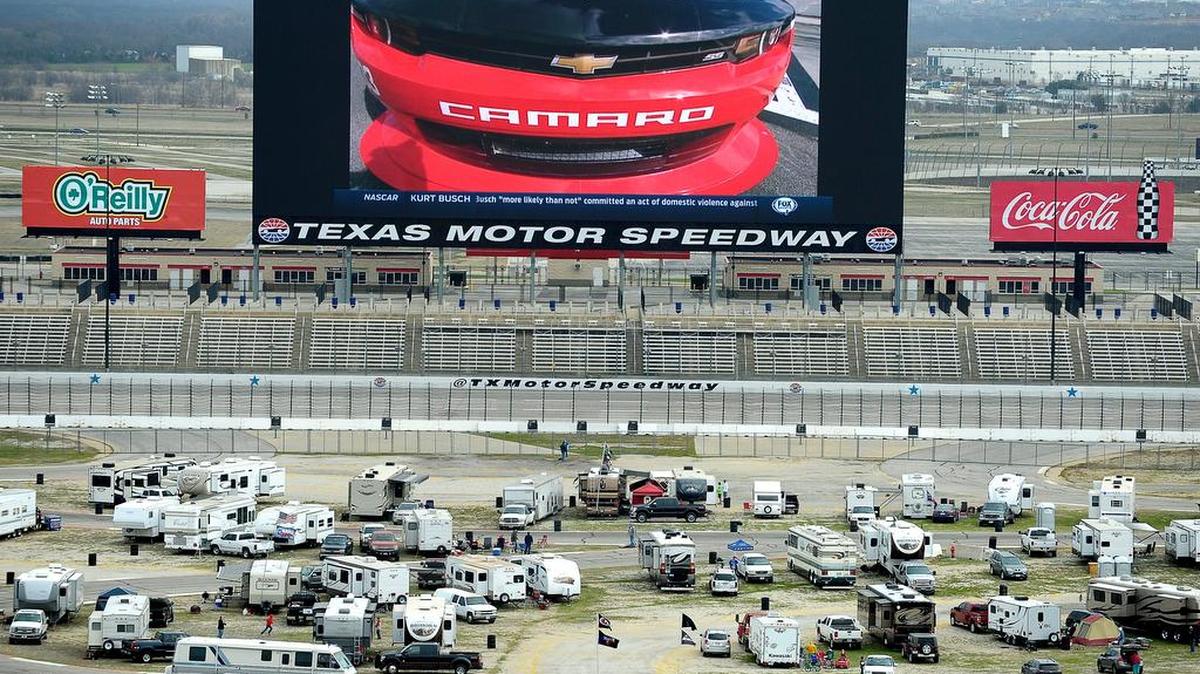 Big Hoss TV looms over the track and infield at Texas Motor Speedway in Fort Worth.