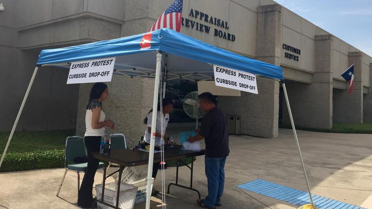 Express Protest curbside drop-off awning outside Tarrant Appraisal District in 2016.