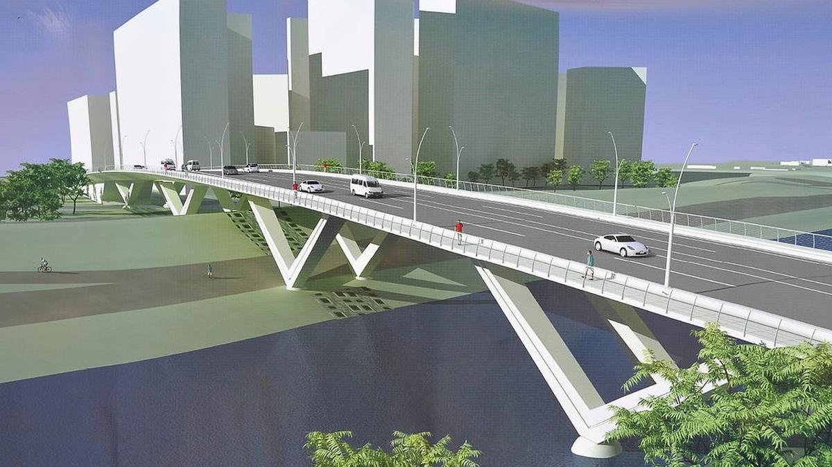 Artist drawings of the Panther Island bridges feature a signature V-pier structure.