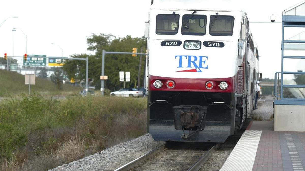 A Trinity Railway Express train heads towards Dallas from the station at Richland Hills.
