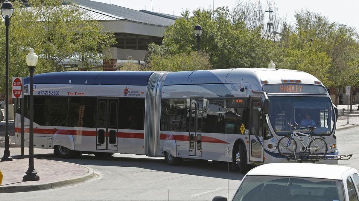 A Fort Worth Transportation Authority bus leaves the Intermodal Transportation Center downtown.