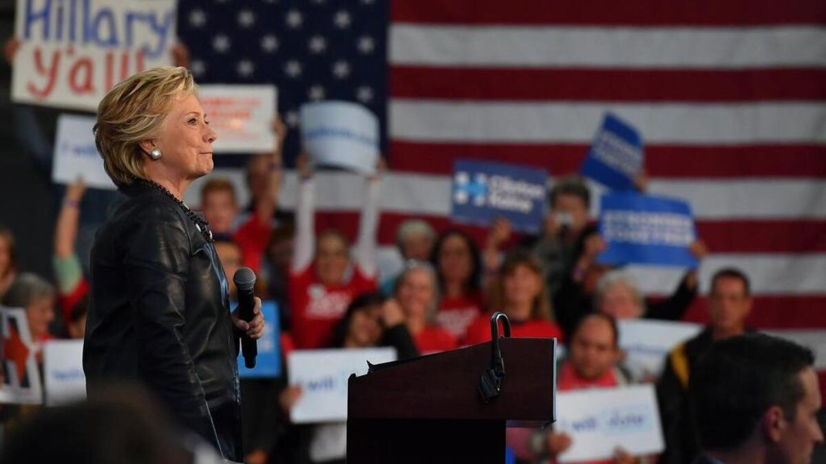 Democratic presidential candidate Hillary Clinton speaks during a rally at Palace of Agriculture at Colorado State Fair Grounds on Wednesday, Oct. 12, in Pueblo, Colo.