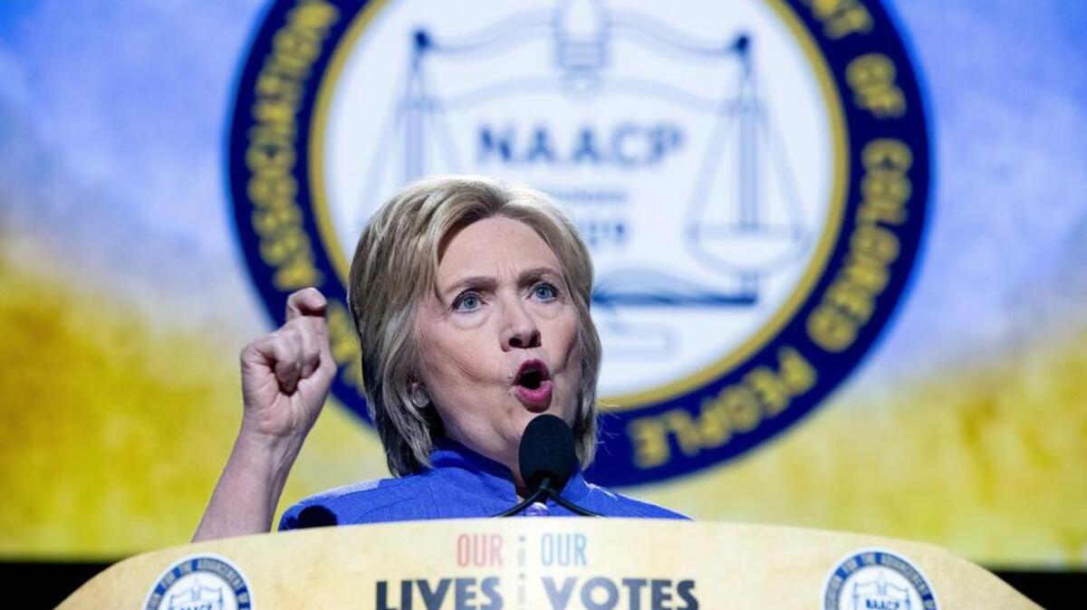 Democratic presidential candidate Hillary Clinton speaks at the 107th National Association for the Advancement of Colored People annual convention at the Duke Energy Convention Center in Cincinatti, Monday, July 18, 2016.