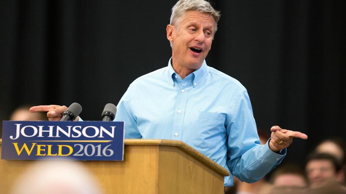 Libertarian presidential candidate Gary Johnson speaks during a Sept. 3 campaign rally in Des Moines, Iowa.
