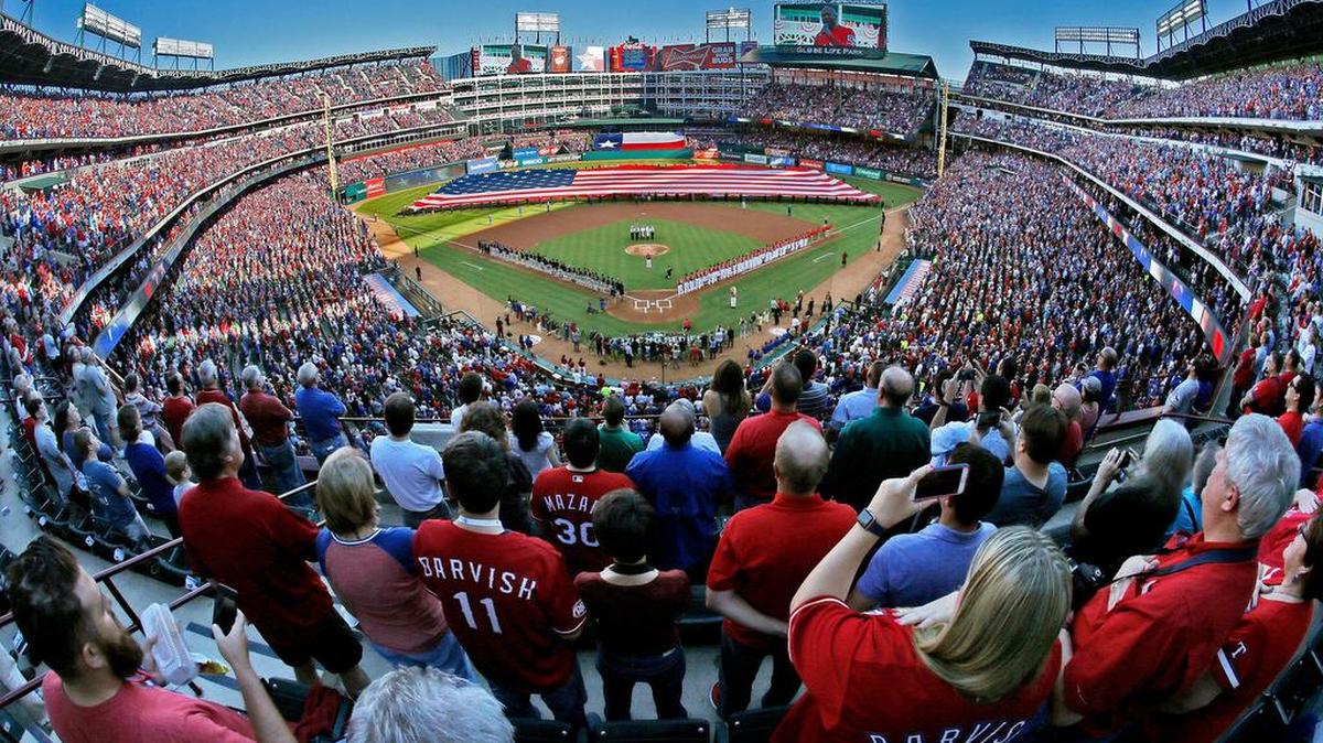 A sunny day and a packed Globe Life Park Monday as the Cleveland Indians played the Texas Rangers on opening day in Arlington.