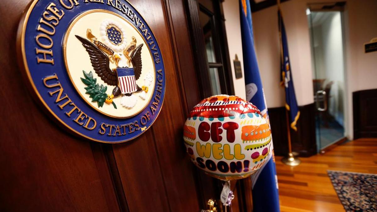 A balloon and card is tied to Rep. Steve Scalise’s door.