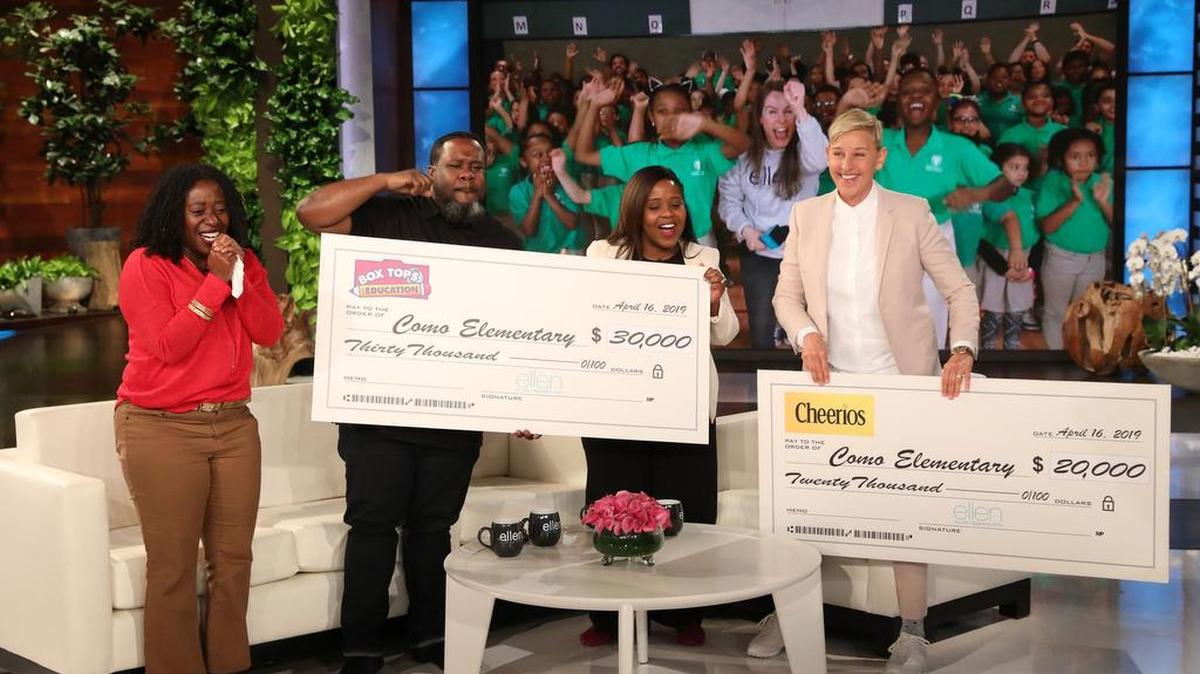 Ellen DeGeneres surprised the Leadership Academy at Como ElementarySchool in Fort Worth with checks totaling $50,000. The funds will help stock the campus food pantry and buy laptops for students.