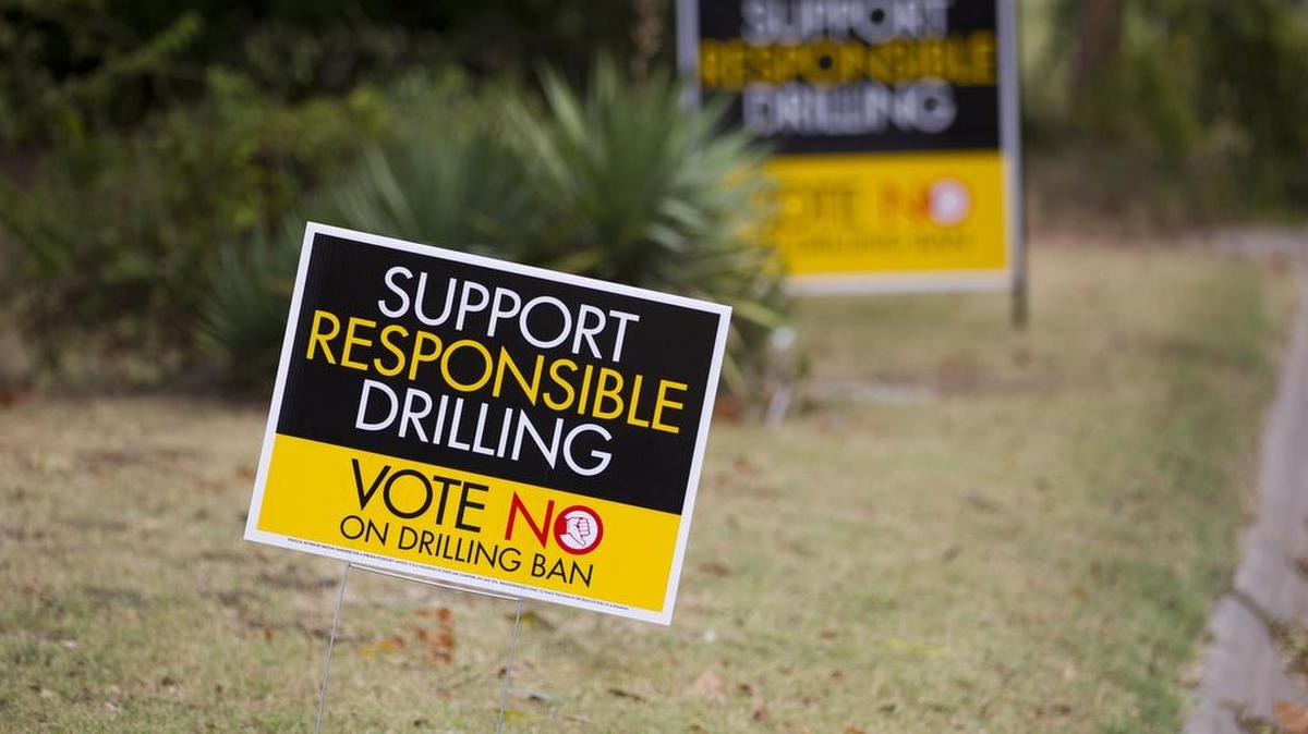 Signs are up in neighborhoods in Denton to encourage resident to vote no to the fracking ban in 2014.