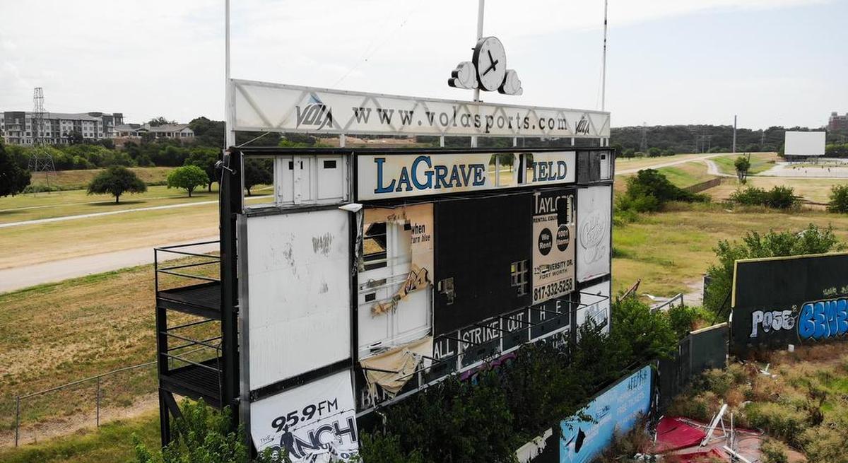 A sign at LaGrave Field deteriorating in 2019.