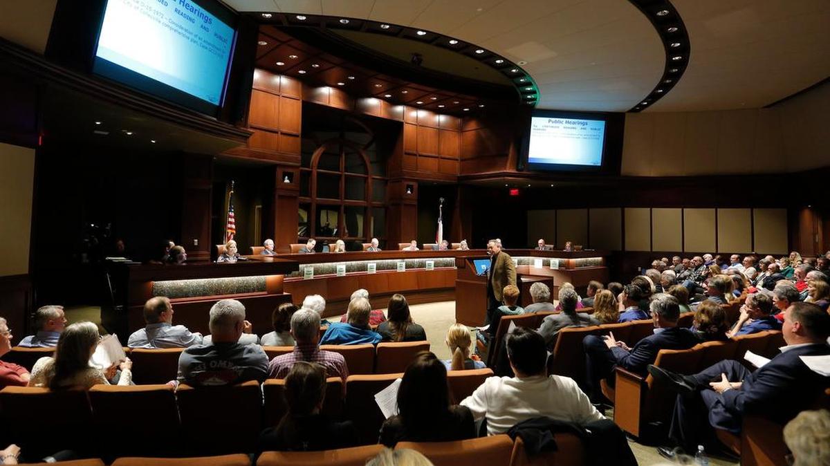 A large crowd attends as the Colleyville City Council considers a controversial change to its comprehensive plan in 2015.