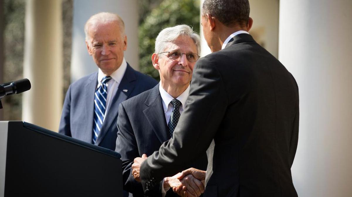 President Barack Obama shakes hands with Merrick Garland, his nominee for the Supreme Court vacancy, during his Rose Garden announcement ceremony, at the White House in Washington, March 16, 2016. Garland is currently chief judge for U.S. Court of Appeals D.C. Circuit. Looking on is Vice President Joe Biden.
