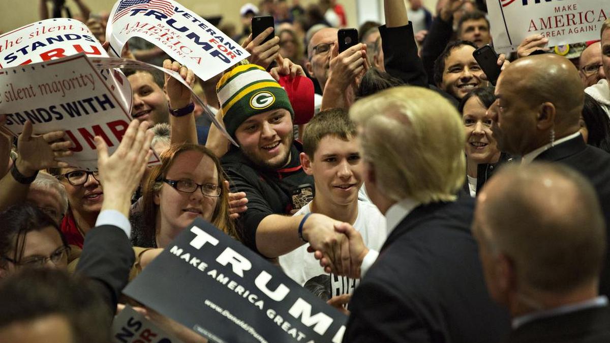 Donald Trump greets attendees during a campaign event in La Crosse, Wisonsin, on April 4.