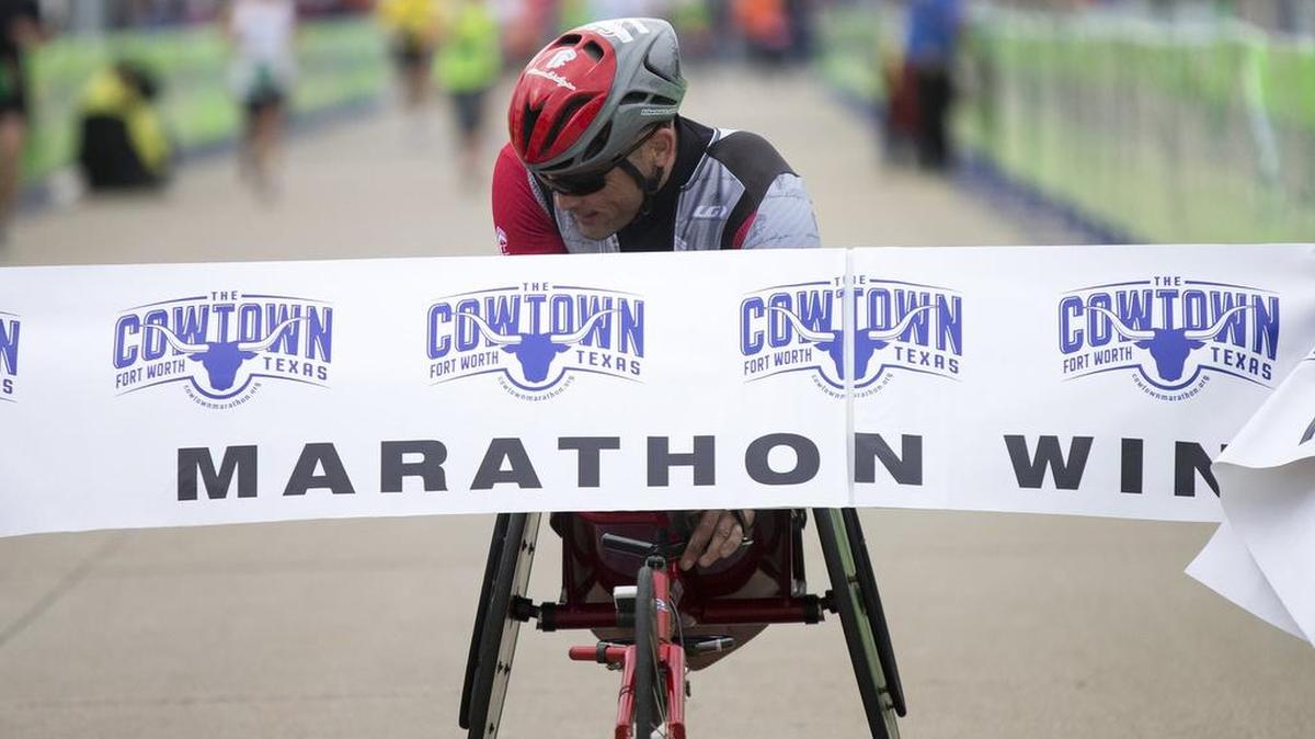 Justin Meaders of Keller was the top finisher in Handcycles during this year’s Cowtown Marathon.