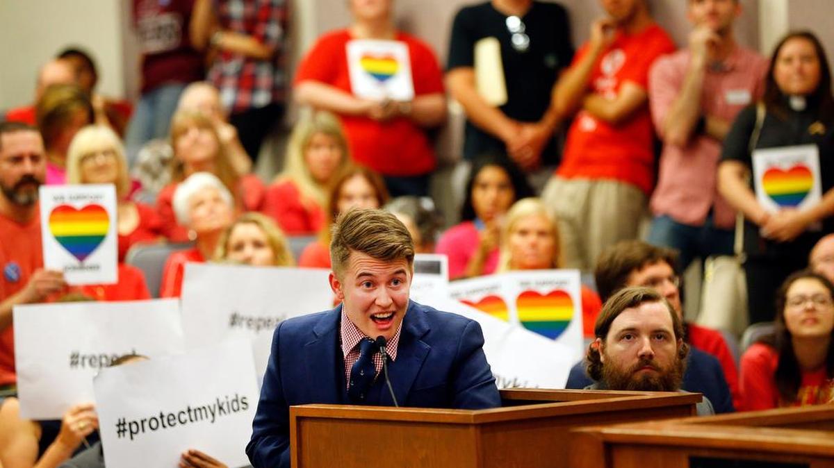 Dallas ISD teacher Jeannot Boucher voices his concerns to the Fort Worth ISD Board of Education during their open meeting on transgender policy on Tuesday, May 10, 2016, in Fort Worth, Texas. Earlier Lt. Gov. Dan Patrick addressed the media on Fort Worth Superintendent Kent Scribner's policy to allow transgender students comfortable access to bathrooms. Boucher, a former Dallas teacher of the year, said he's been able to work as a transgender man because of nondiscrimination polices that protect him, like this policy protects students. Boucher now mentors others in the transgender community.