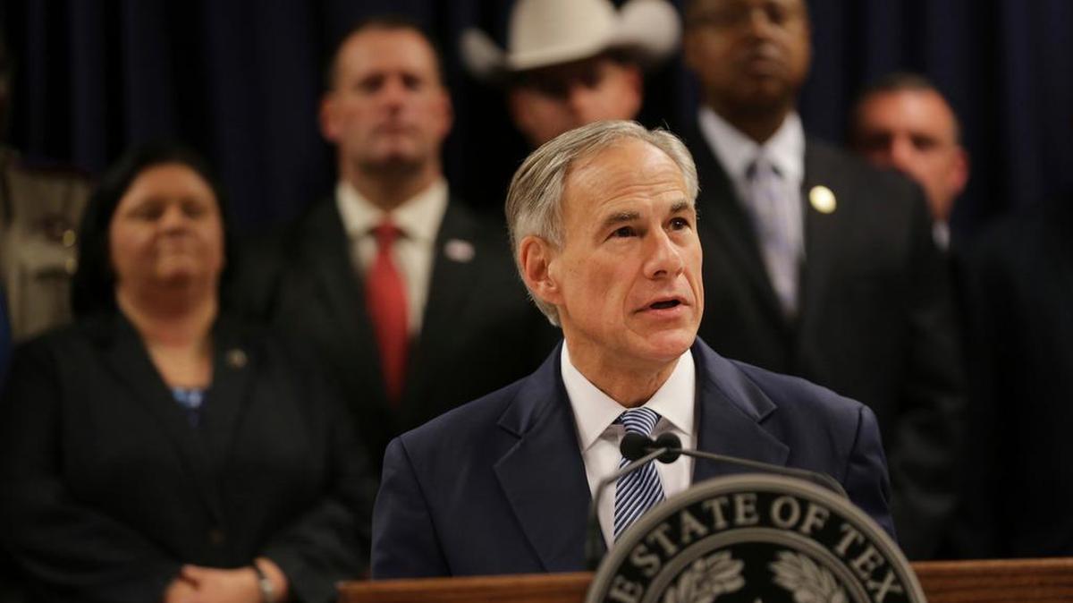 Texas Gov. Greg Abbott speaks during a new conference April 10 in Houston.